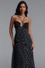 Loka Resort Flowy Sleeveless Cut Out Pleated Polka Dot Woven Maxi Dress